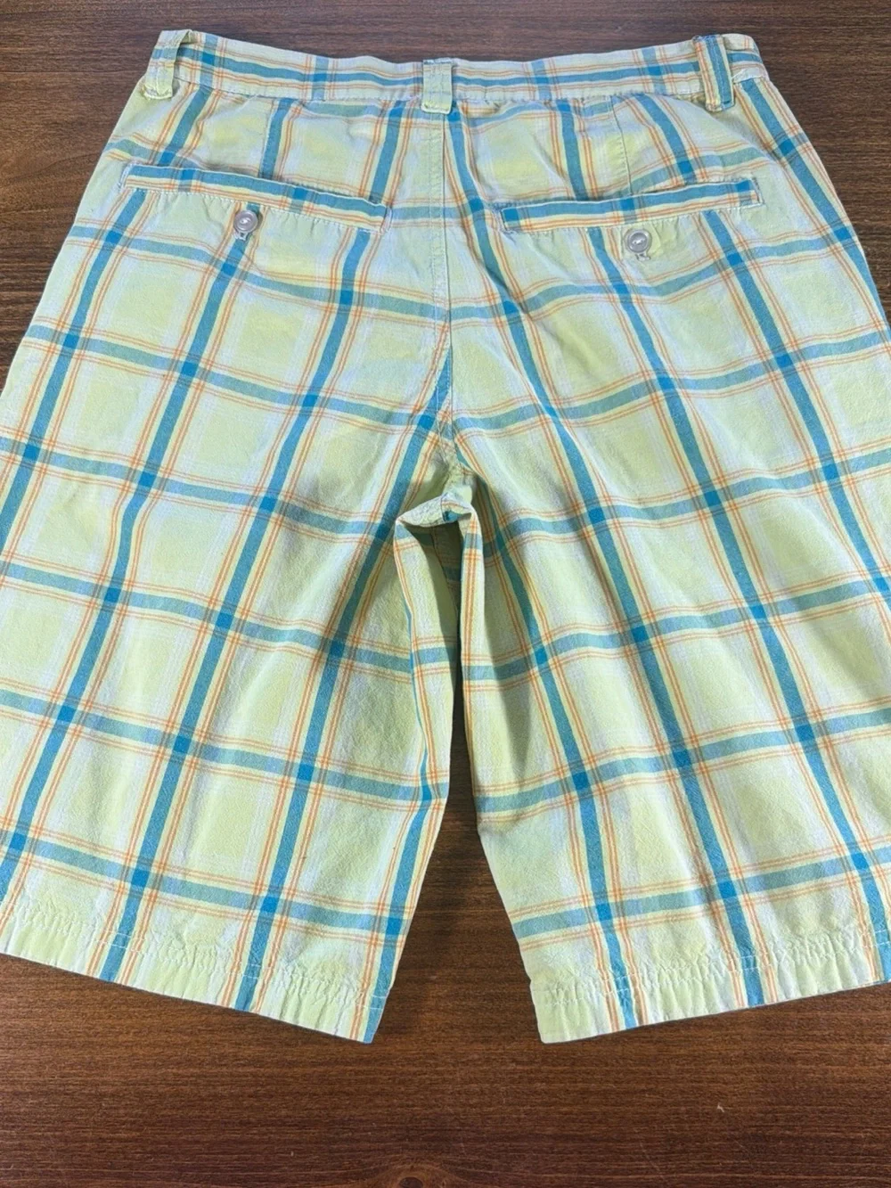 Vintage Y2K South Pole Yellow Plaid Flat Front Shorts with Blue & Orange Stripes